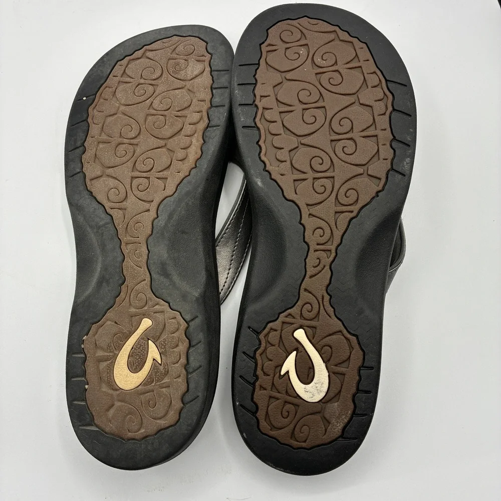 OluKai Ohana Flip Flop Sandals Women 9 EU 39Pewter Metallic Faux Leather Comfort